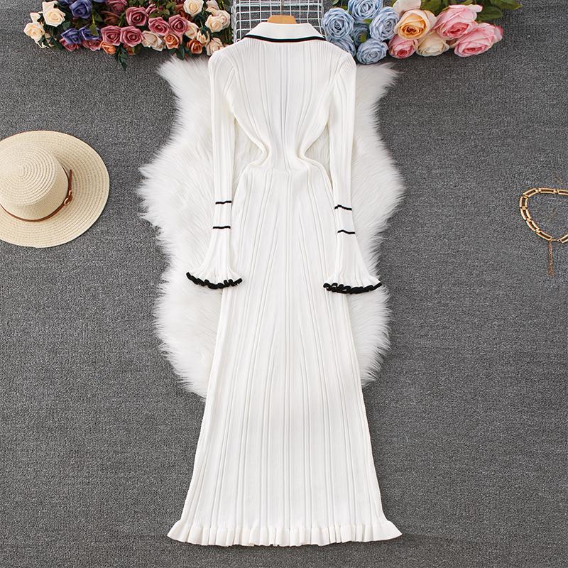 Autumn Winter Women Elegant Turn-down Collar Knitted Sweater Long Maxi Sheath Dresses
