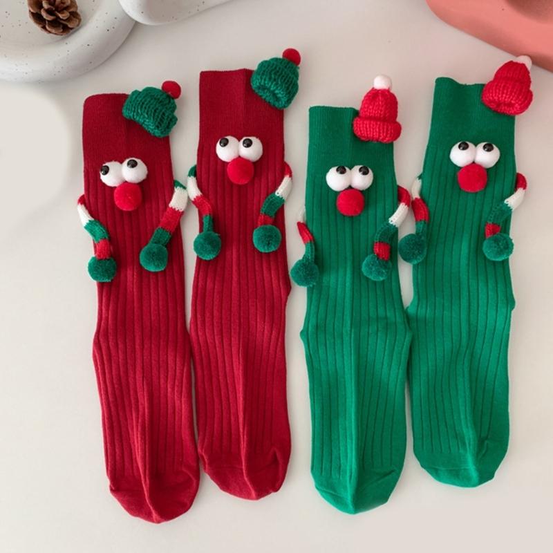 Unisex Couple 3D Santa Hat Dolls Christmas Middle Tube Socks with Magnetic Embellishments for Gifting and Celebrating
