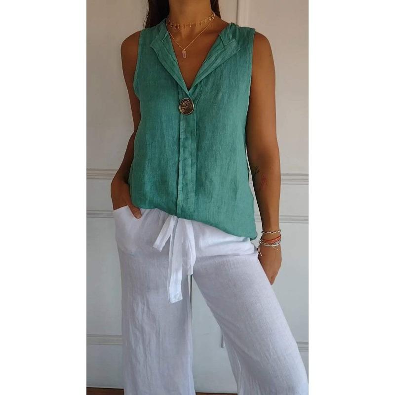 Fashion V-neck Sleeveless Casual Women Summer Shirt Plus Size Female Loose Streetwear Office Simple Blouse Solid Color Tops Women's Clothing