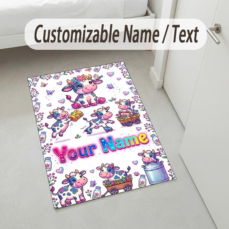 Cow Highland Theme Crystal Velvet Rug Personalized Custom Name Text Soft Floor Mat Home Decor