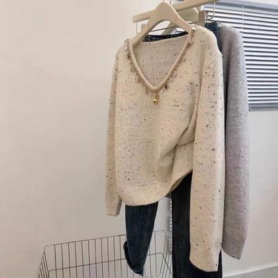 Apricot V-neck Retro Pullover Loose Soft Waxy Sweater Wearing Lazy Style High-end Women's Thickened Knitted Sweater Top