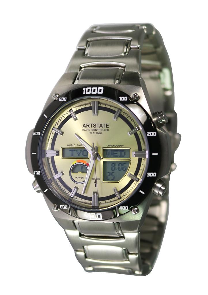 [ARTSTATE AS1771B] Men's Radio-Controlled Watch, Date and Day Display, Stainless Steel, Long Life, 100M Water Resistance