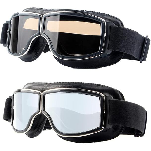 Motorcycle Goggles,2 Pack Vintage Anti Fog Pilot PU Leather Glasses Dustproof ATV Off Road Motorbike Helmet Eyewear Protect For Ridding Motorcross