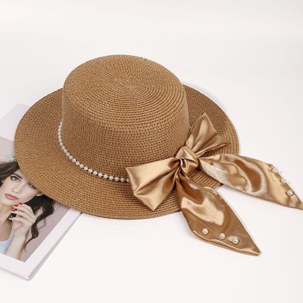 Spring and Summer Seaside Trip Beach Sunshade Sunscreen Hat UV Protection Sun Hat Pearl Bow Women Straw Hat
