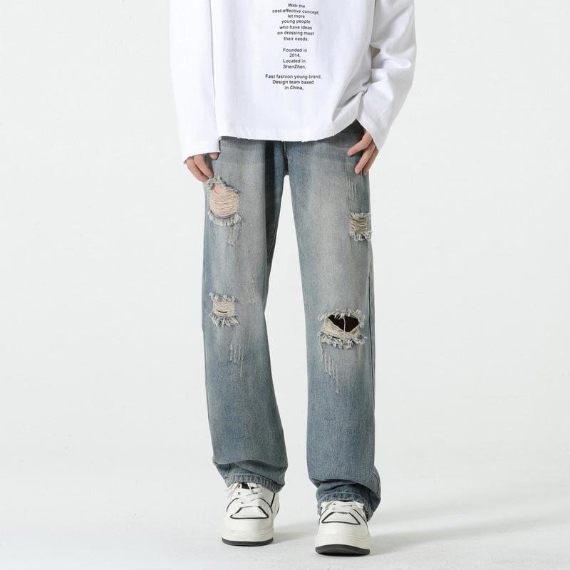 

Американский Хай-стрит Рваные джинсы Мужские Летние Тонкие Свободные Прямые Брюки Новая Стирка Широкие Брюки 3XL