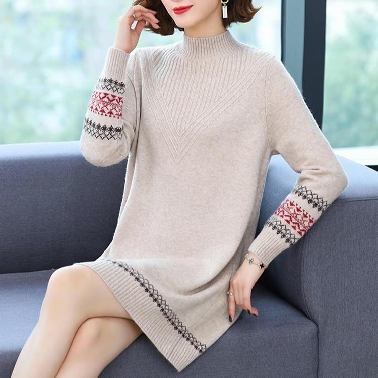 Mid-length Sweater Women's Retro Loose Half Turtleneck Knitted Dress Plus-size Trendy Solid Color Pullover Autumn and Winter