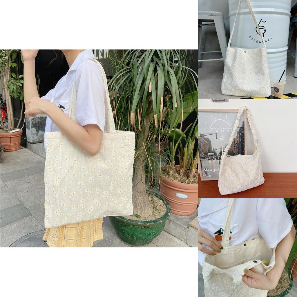 Chic Fresh Daisy Canvas Shoulder Bag For Women Soft And Sweet Cotton Linen Tote Bag