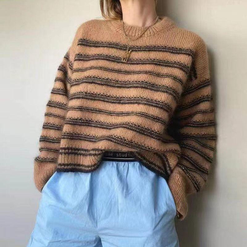 

Fashion Style New Arrival Fashion Stripes round Neck Thick Needle Long Sleeves Sweater Crew Neck Striped Sweater Khaki M