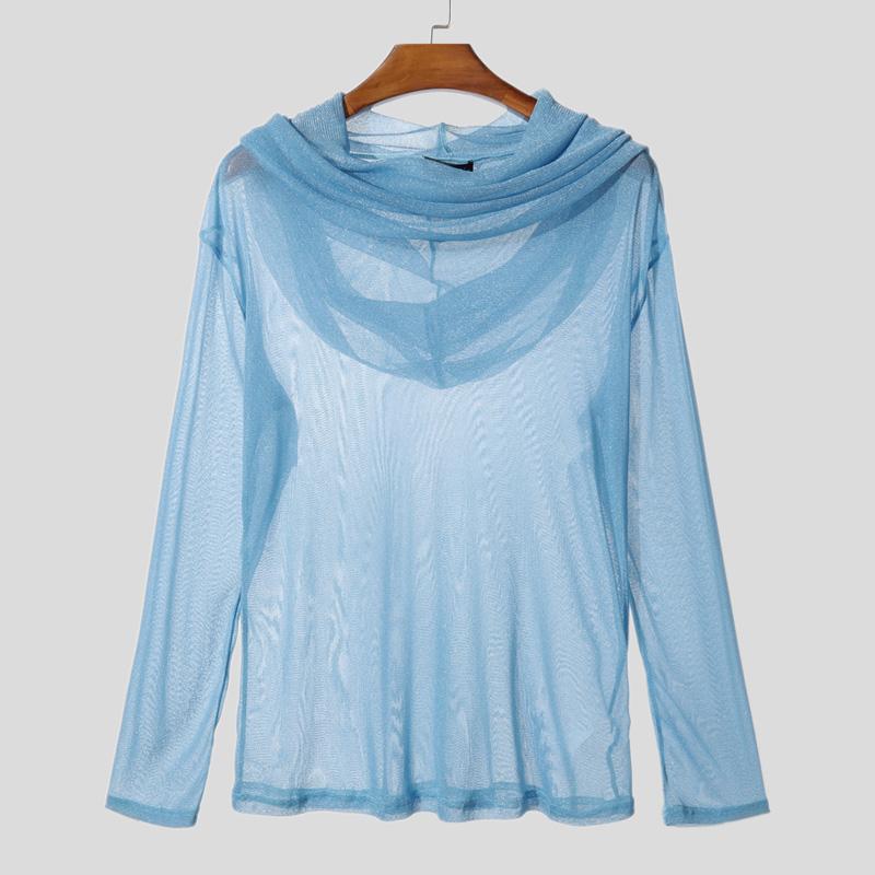INCERUN Men Long Sleeve Mesh Sheer Lace Glitter Casual Hooded Ruffled Tops T-shirts