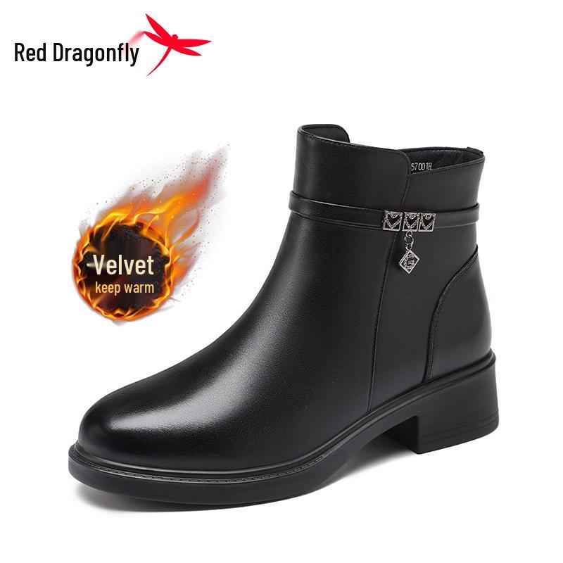 Red Dragonfly Winter Women s Genuine Leather High-Top Boots – Thick Velvet for Warmth 36