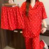 Frühlings- und Sommerpyjama Damen neuwertig groß rot Liebesdruck kurzärmelig dreiteilig Baumwollimitat Loungewear