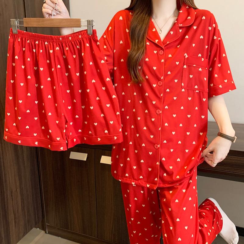 Frühlings- und Sommerpyjama Damen neuwertig groß rot Liebesdruck kurzärmelig dreiteilig Baumwollimitat Loungewear