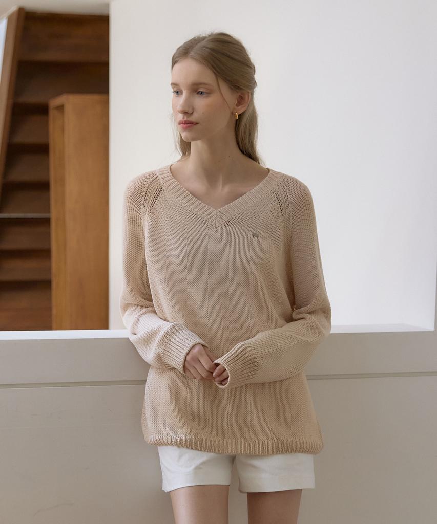 OURHOPE Linen V-Neck Sheer Knit - Beige