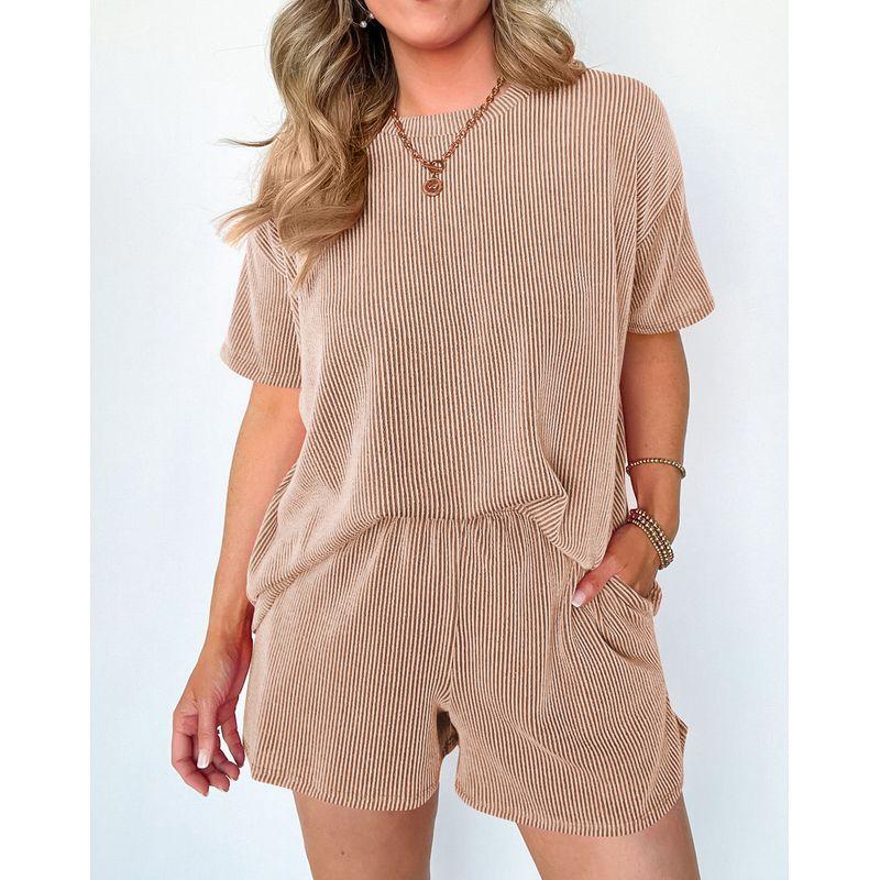 

round Neck Neck T-shirt Solid Color Shorts Set Crew Neck T-shirt Pure Color Shorts Suit Khaki L