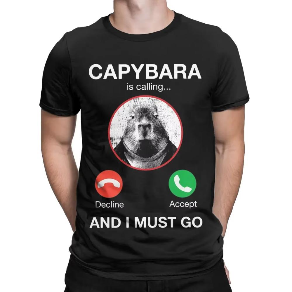 Herren Capybara Ruft Und Ich Muss Gehen T-Shirts 100% Baumwolle Kleidung Neuheit Kurzarm O-Ausschnitt T-Shirts Grafisch Bedruckte T-Shirts