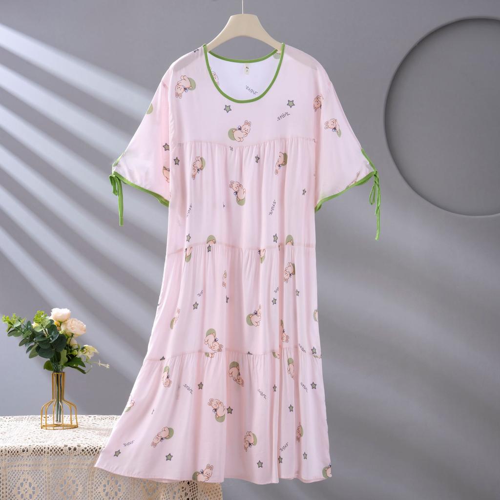 Spot new women's cotton silk spring, summer and autumn thin loose cake nightgown simple and comfortable loungewear