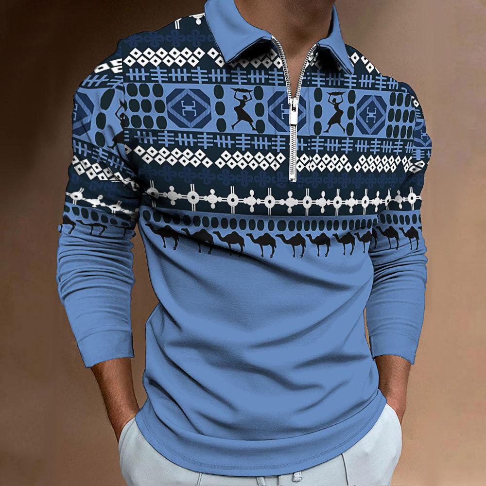 Men's New Zip Casual Slim Men's Slim African Style Digital Print Long Sleeve Polo Shirt