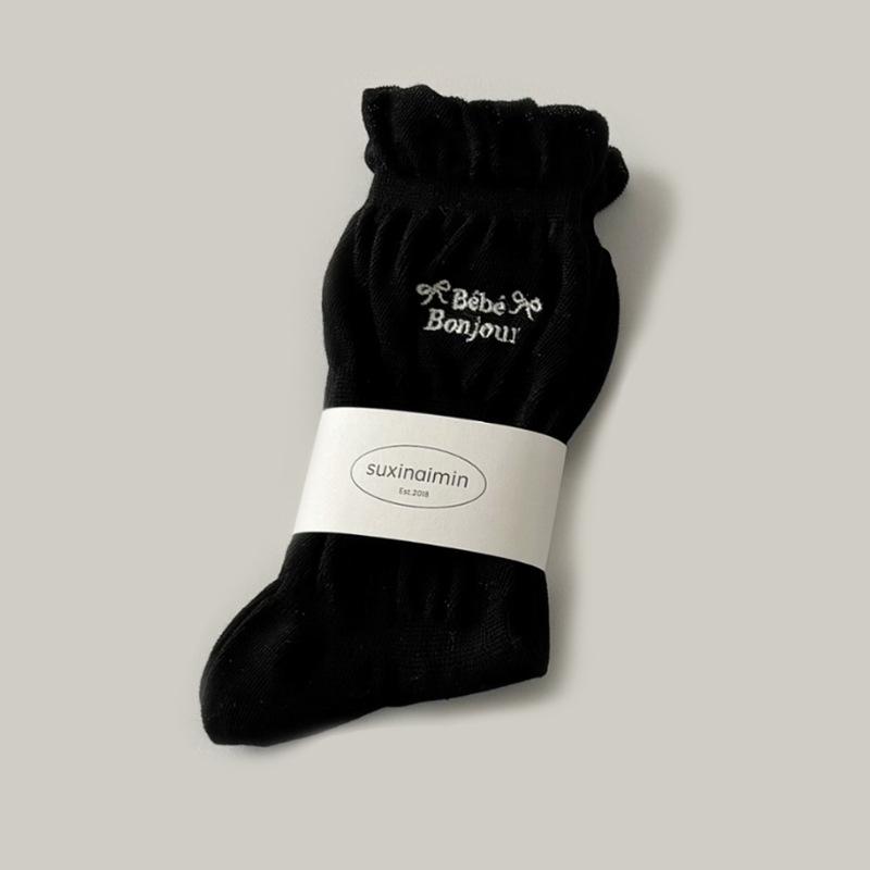 

Gray socks miu wind pile socks ins tide bubble fungus edge bow letter mid-tube socks One size fits all чорний