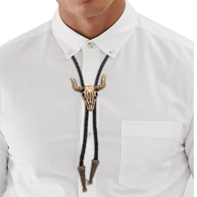 Vintage Bull Head Buckle Choker Necklace Black Leather Cord Necklace Fashion Jewelry Necktie Tie Pendant Necklace