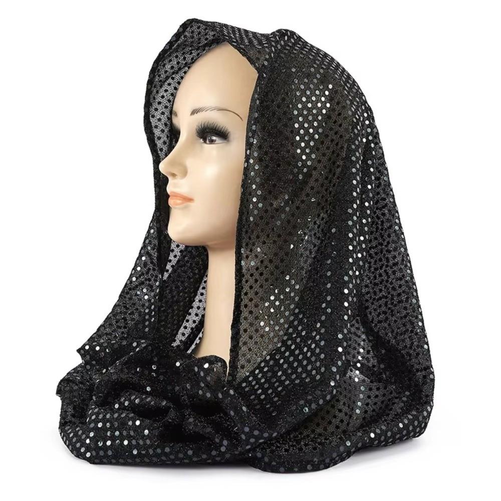 Fashion Soft Sequin Hooded Headscarf Breathable Lightweight Lace Hijab Cap Solid Color Sequin Head Wraps Daily Wear