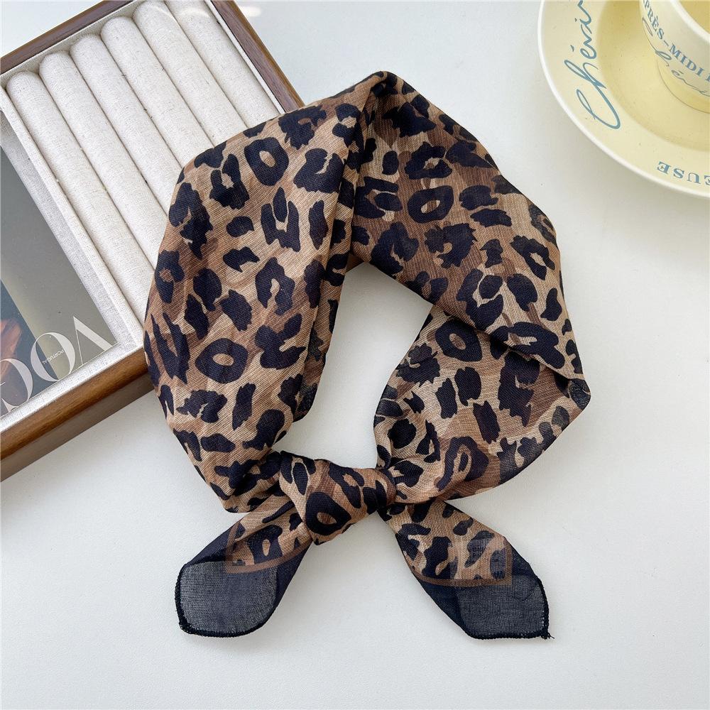 55 Leopard Print Cotton And Linen Silk Scarf Women'S Small Square Scarf Neck Protection Headscarf Decorative Scarf Fashionable Foreign Style Scarf