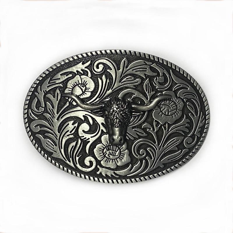 Taurus Western Style Zinc Alloy Bull Head Leather Belt with Vintage Patterned Buckle