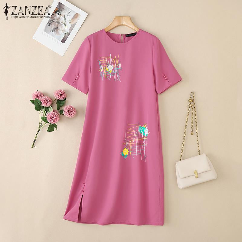 ZANZEA Women Summer Round Neck Casual Short Sleeve Print Dress