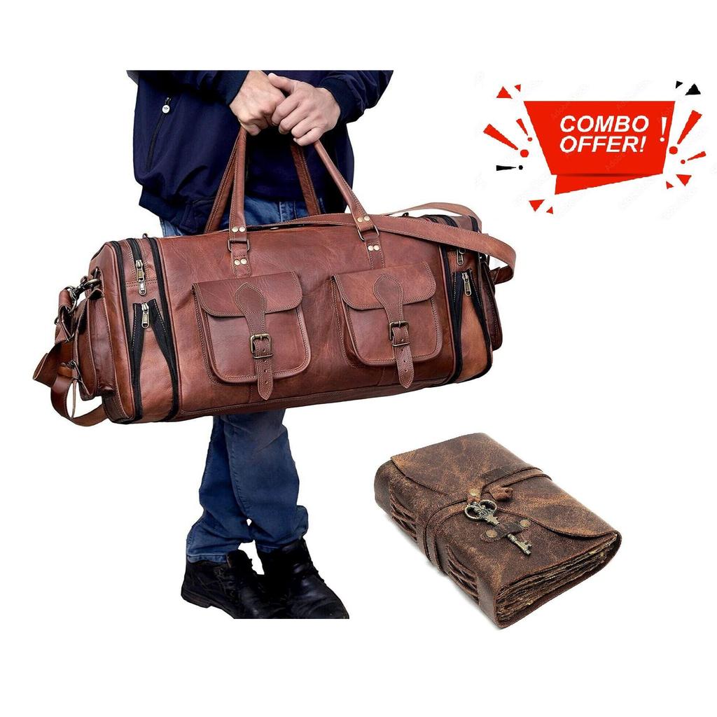 30"Men's Genuine Leather Luggage Gym Weekend Overnight Duffle Bag Large Vintage. With Combo Leather Diary