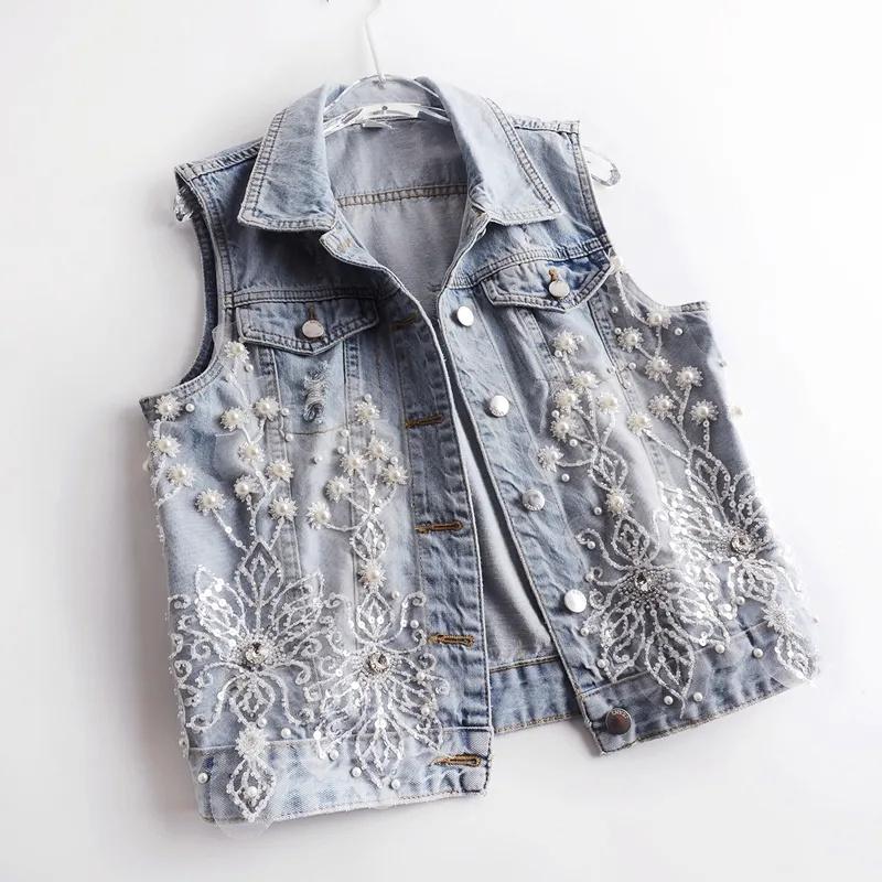 Spring Summer Women Fashion Denim Sleeveless Coat Korean Ladies Cowboy Waistcoat Tops Female Short Hole Jeans Vest Jacket