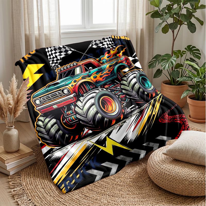 Fire-Racing Monster Trucks Theme Blanket Lightweight Warm Flannel Blanket Decorative Throw Blanket for Home Decoration
