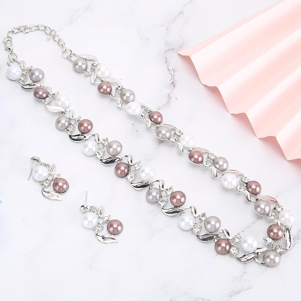 Women Faux Pearl Necklace Earrings Set Bridal Jewelry Set with Rhinestone (Silvery White)