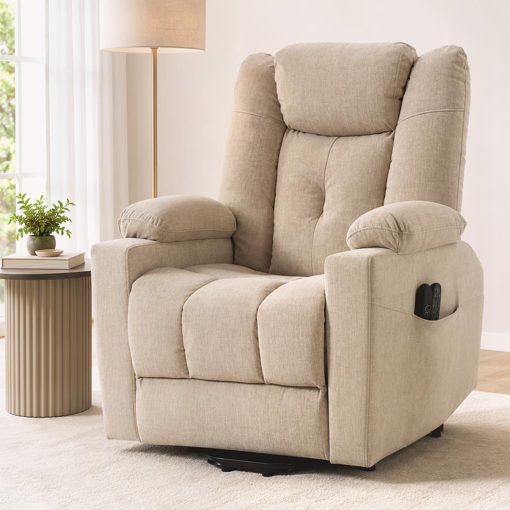 Electric Lift Chair with Vibration Massage and Heat Function, Recliner Chair In Velvet Look with Pocket Spring Padding, Cream White