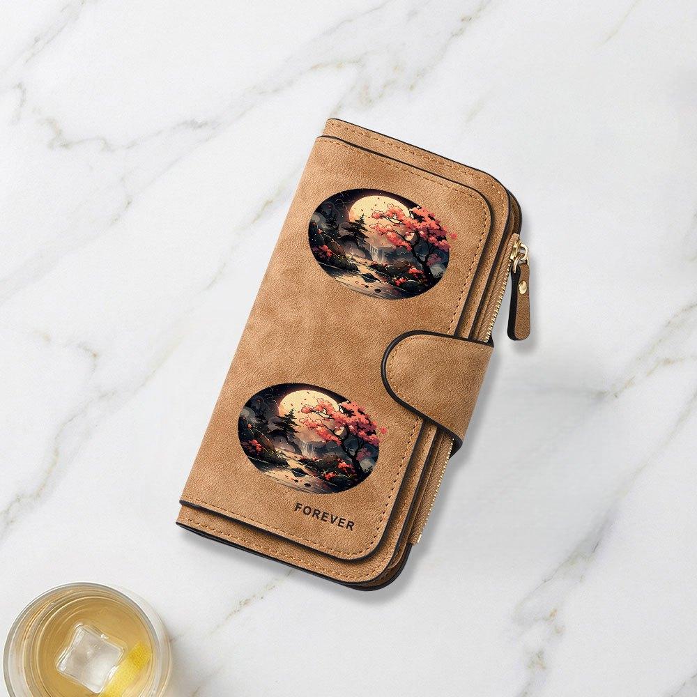 Fashionable Long Wallet with Cherry Blossom Streams Under Full Moon Print Design Eye Catching Multifunctional Portable with Secure Clasp for Daily