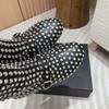 Women's Black Leather Diamond studded Romantic and Fashionable Ballet Style Flat Boots Short Boots