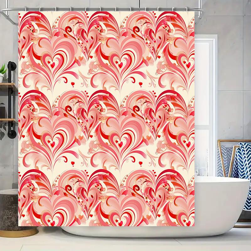 Romantic Heart Shaped Shower Curtain Red White Floral Print for Bathroom Decor 90x180cm