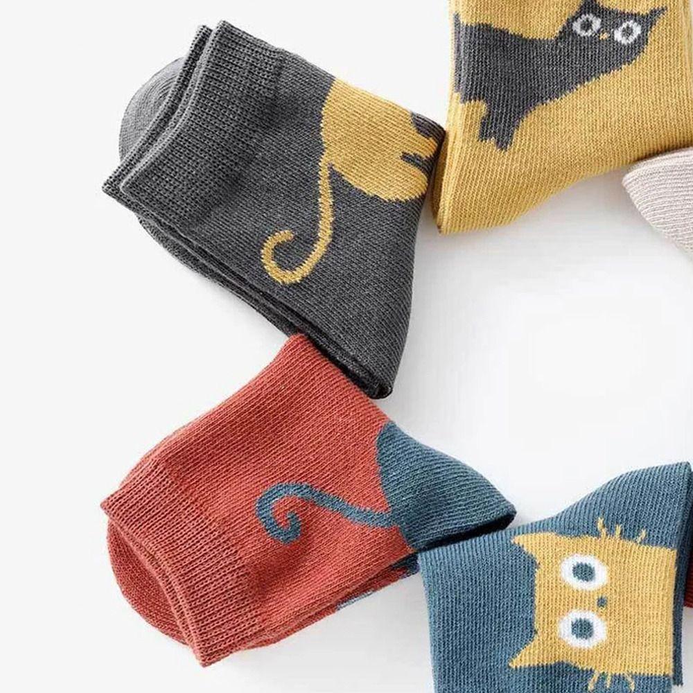 5 Pairs Comfortable Toddler Baby Mid-Calf Socks Cat Design Children's Socks  for Boys and Girls