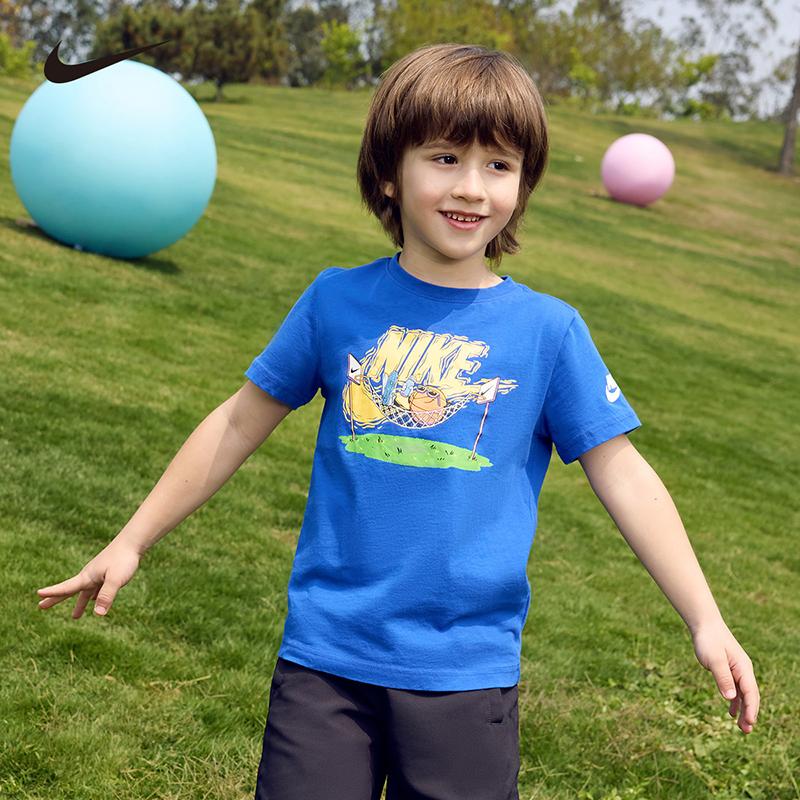 Nike Simple Basketball Letter Print Crew Neck Pullover Short Sleeve T-Shirt Kids Tops Turkish-Blue NY2222030GS-002