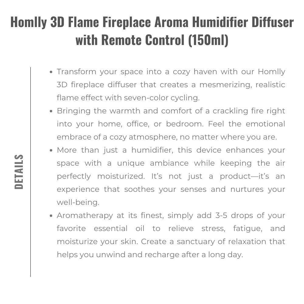 HOMLLY 3D Flammen Kamin Aroma Luftbefeuchter Diffusor mit Fernbedienung (150ml)