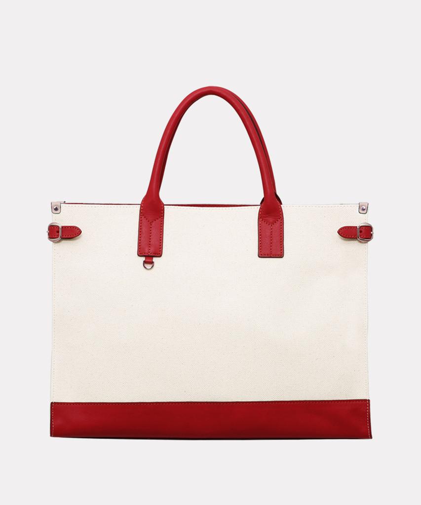 Matt Slim Canvas Leather Square Bag (Ivory + Red) B42915