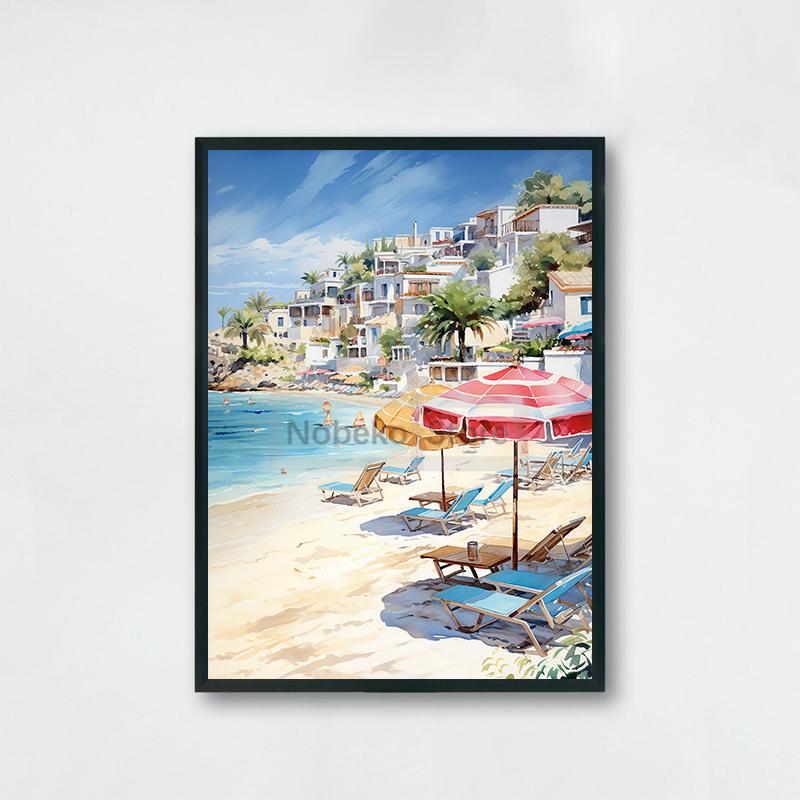 Watercolor Style Mediterranean Coast Sea Poster Seaside Landscape Prints Canvas Painting Wall Art Pictures Home Room Beach Decor