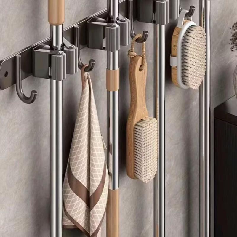 Kuaiou No-Drill Wall-Mounted Mop Holder with Hooks