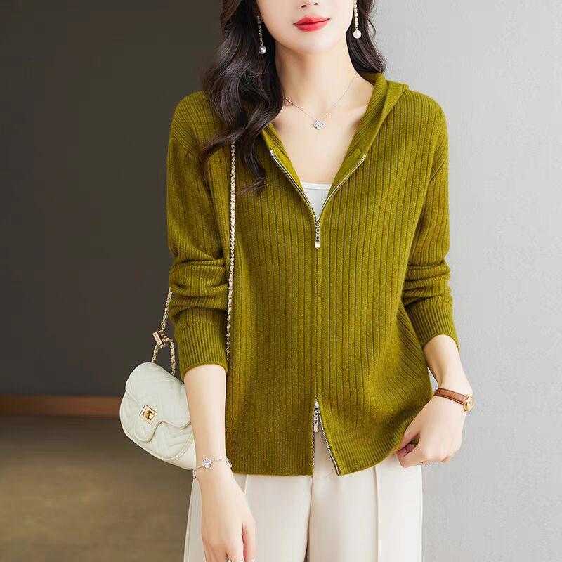 Women's Cardigan Knitted Hooded Sweater Autumn Short Top Double Zipper Sweater Jacket