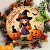 Vintage Halloween Witch Aluminum Round Wall Sign, Black Cat Pumpkins Bats Gothic Metal Art Decor