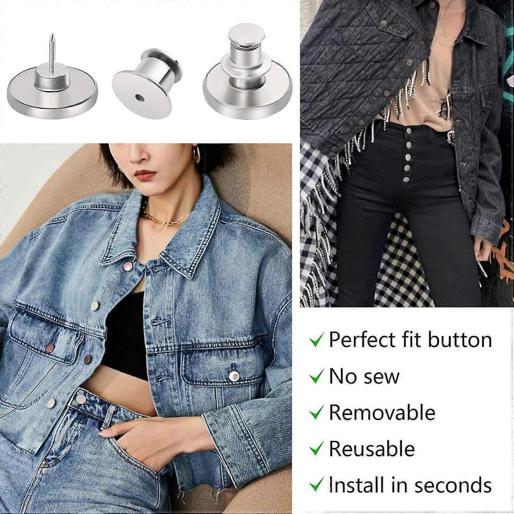 2 Sets Button Pins for Loose Jeans, No Sew and No Tools Instant Replacement Snap Tack Pant Button,  Reusable and Adjustable Metal Pants Button Tighten