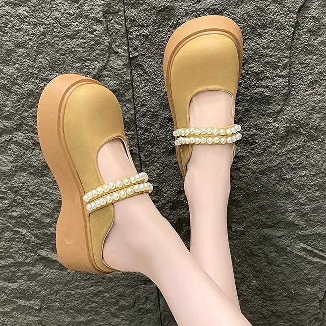 Outer Wear 2025 Spring and Summer French Bag Head Half Slippers Female New Pearl Fairy Wind Thick Bottom Mary Jane Cool Slippers