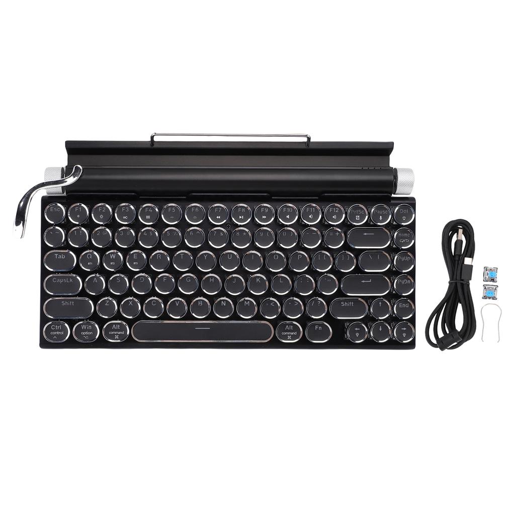 Retro Typewriter Keyboard BT Punk Round Keycap Metal Frame Wireless Mechanical Keyboard for Tablet Computer Phone Black