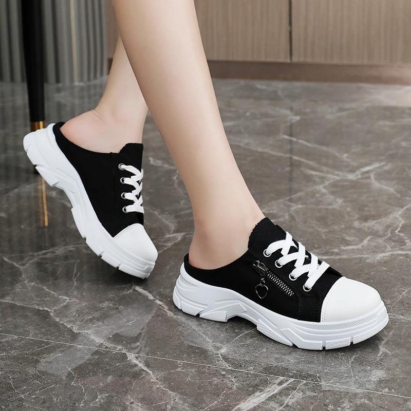 2024 New Women's Shoes with Lace Up, Mid Heel, Round Toe Denim Fabric Toe Cover Slippers, Summer Outdoor Casual Women's Slippers