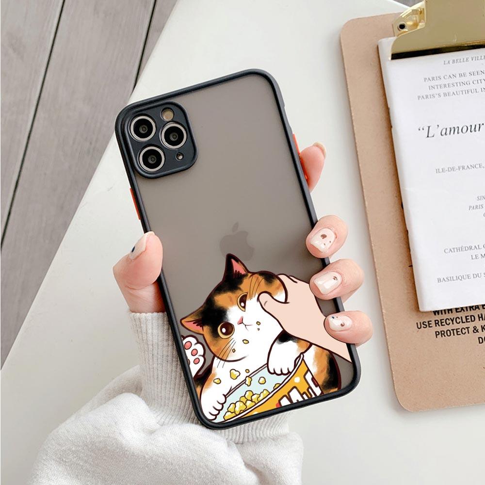 Animal Shockproof Matte Phone Case For Iphone 11 12 13 Pro Max Mini 7 Plus XR X S Cover Cute Pinched Face Eat Snacks Cat Cosplay