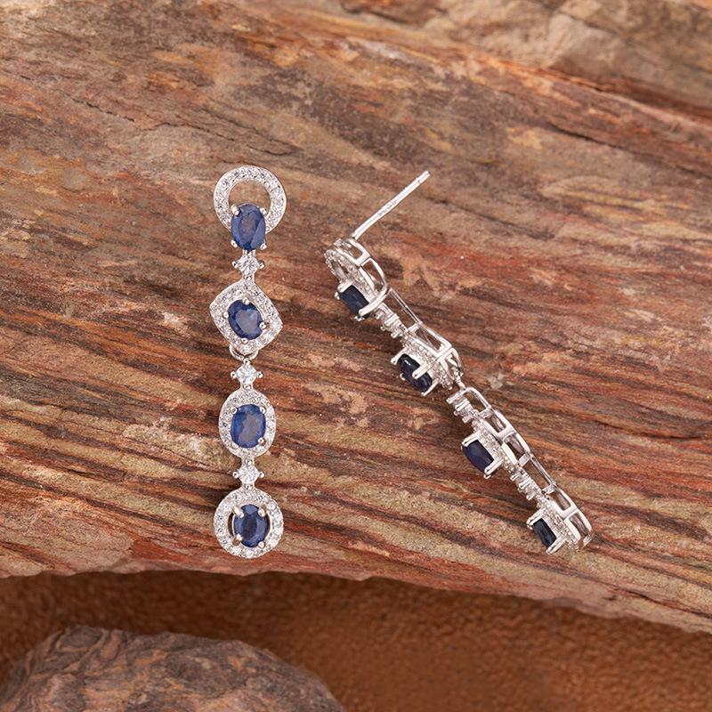 Natural Gemstone Sapphire Stud Earrings Women'S S925 Sterling Silver Colored Treasure Earrings And Ear Jewelry