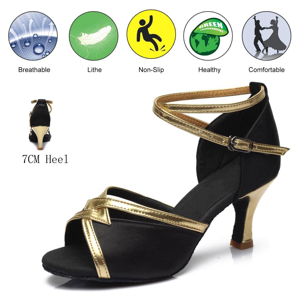 Women's Latin Dance Shoes Satin Soft Tango Salsa Modern Ballroom Dancing Shoes Heeled 7CM